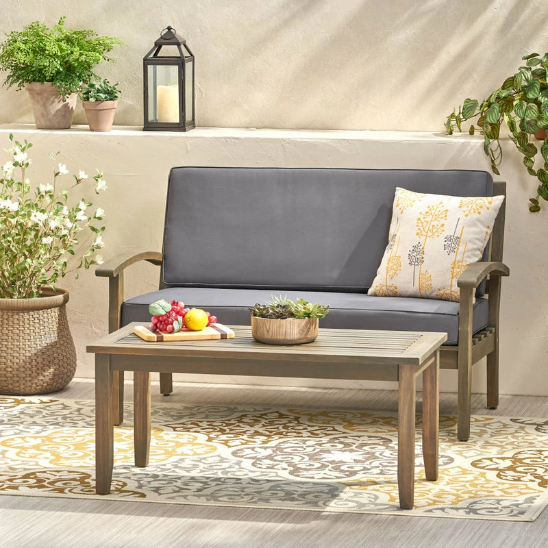 New โ GDFStudio GDF Studio Preston Outdoor Acacia Wood Loveseat And Coffee Table, Gray/Dark Gray ๐ - Image 2