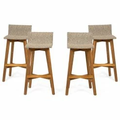 New 🎁 GDFStudio Jessie Outdoor Wood And Wicker Barstool, Set Of 4, Light Brown, Teak Finish 🔔