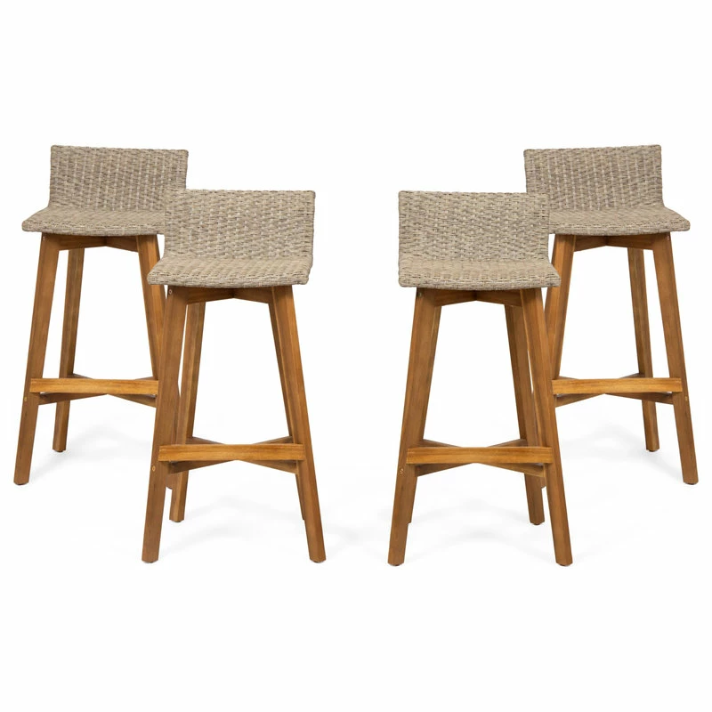 New 🎁 GDFStudio Jessie Outdoor Wood And Wicker Barstool, Set Of 4, Light Brown, Teak Finish 🔔