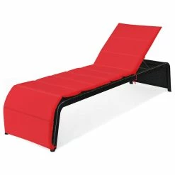 Promo 🎉 Costway Patio Rattan Lounge Chair Chaise Recliner Back Adjustable Cushioned Red 🧨