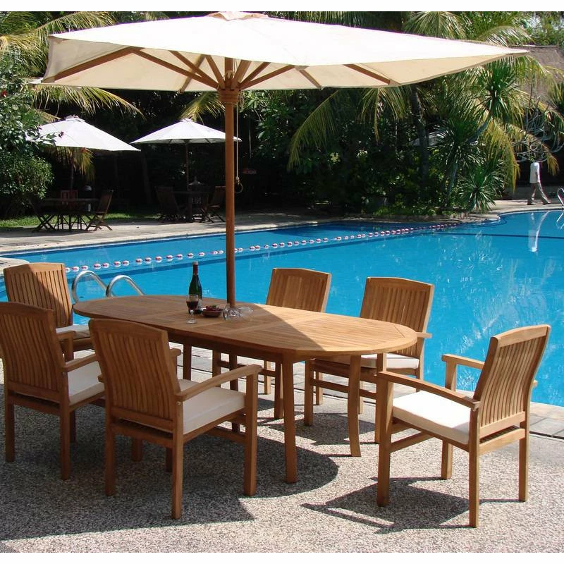 Brand new ⌛ Teak Deals 7-Piece Teak Dining Set 94" Oval Extension Table, 6 Wave Stacking Arm Chairs 😀 - Image 12