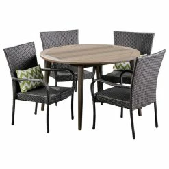 Best Pirce ✨ GDFStudio GDF Studio 5-Piece Ivey Outdoor Wood And Wicker Dining Set, Gray Finish/Gray ❤️