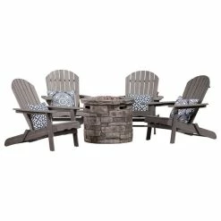New 🎁 GDFStudio GDF Studio 5-Piece David Outdoor Adirondack Chair Set With Fire Pit, Dark Gray 🥰