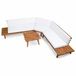 Deals 🔔 GDFStudio Adelia Outdoor Acacia Wood 5 Seater Sectional Sofa Set With Cushions, Sandblast 🔔