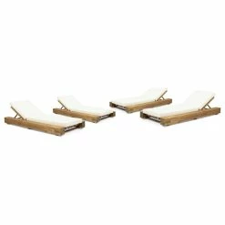Promo 💯 GDFStudio Setlla Acacia Wood Chaise Lounge And Cushion Set, Set Of 4, Cream 🌟