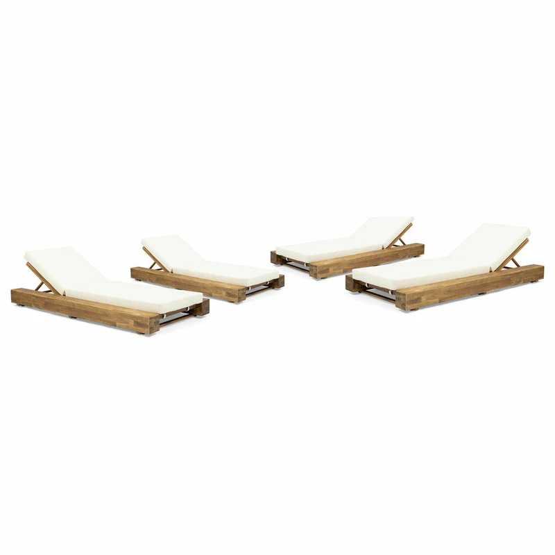 Promo 💯 GDFStudio Setlla Acacia Wood Chaise Lounge And Cushion Set, Set Of 4, Cream 🌟
