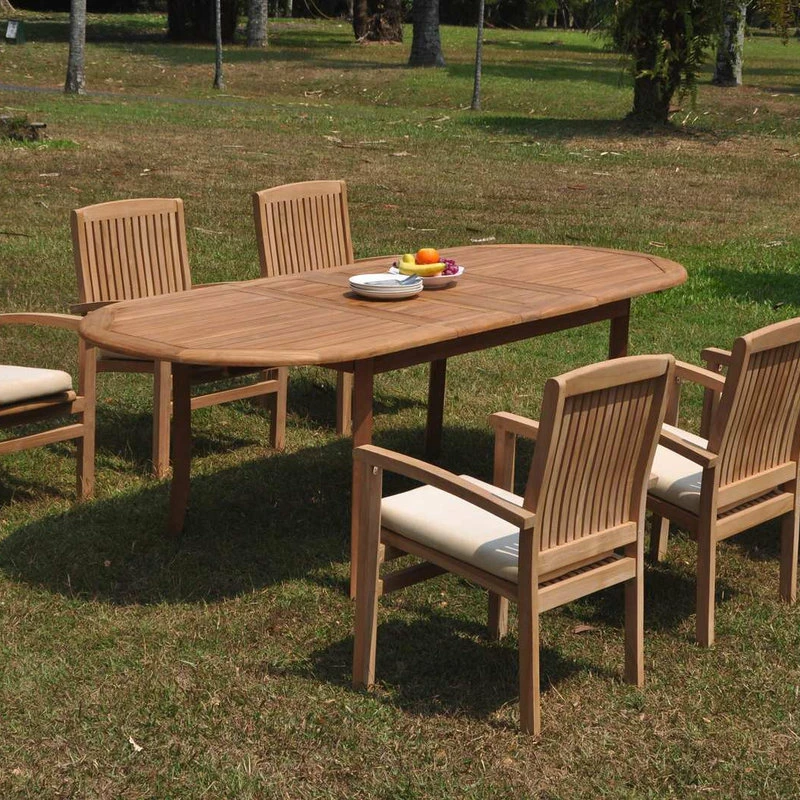 Brand new ⌛ Teak Deals 7-Piece Teak Dining Set 94" Oval Extension Table, 6 Wave Stacking Arm Chairs 😀 - Image 11