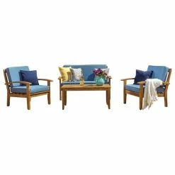 Hot Sale 👏 GDFStudio GDF Studio 4-Piece Peyton Acacia Wood Chat Set With Water Resistant Cushions, Bl 🌟