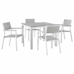 Best deal 🔔 LexMod Maine 5-Piece Outdoor Aluminum Dining Set, White Light Gray 🔥