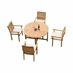 Coupon 💯 Teak Deals 5-Piece Teak Dining Set, 48" Round Butterfly Table, 4 Hari Stacking Arm Chairs ❤️