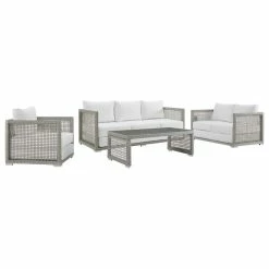 Best Pirce 👏 LexMod Aura 4 Piece Outdoor Patio Wicker Rattan Set, Gray White ✨