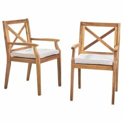 Budget 🔔 GDFStudio GDF Studio Peter Outdoor Acacia Wood Dining Chair, Set Of 2, Teak/Cream Cushion 🔥