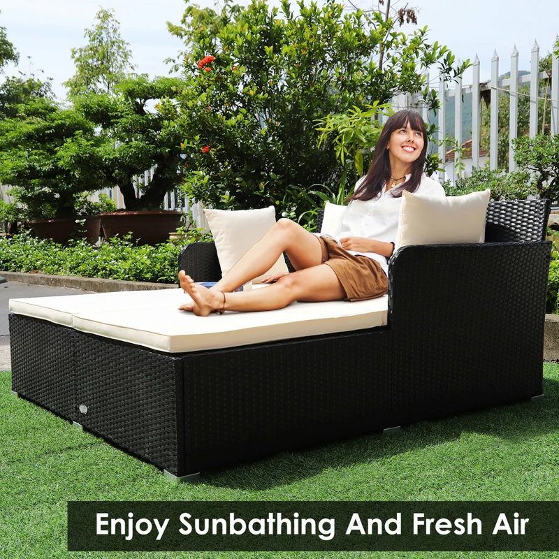 Outlet β Costway Outdoor Patio Rattan Daybed Pillows Cushioned Sofa Furniture Biege π - Image 4