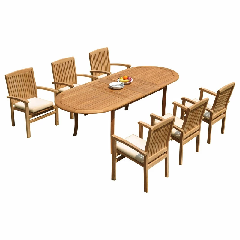 Brand new ⌛ Teak Deals 7-Piece Teak Dining Set 94" Oval Extension Table, 6 Wave Stacking Arm Chairs 😀 - Image 3