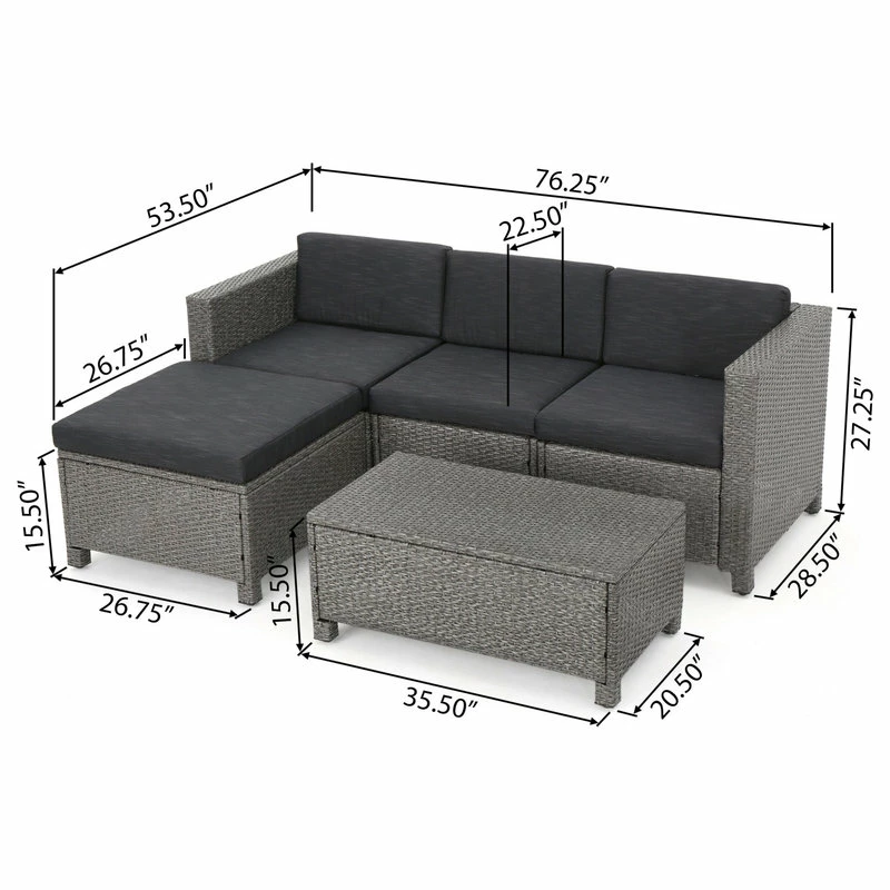 Cheapest ๐ GDFStudio GDF Studio Lorita Outdoor 5-Piece Gray Wicker Sectional Sofa With Black Cushions ๐ - Image 3