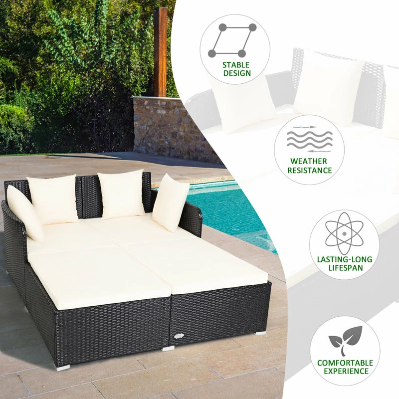 Outlet β Costway Outdoor Patio Rattan Daybed Pillows Cushioned Sofa Furniture Biege π - Image 5
