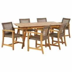 Deals 🎉 GDFStudio Andy Outdoor 6 Seater Dining Set, Teak Finish/Mixed Mocha 🎁