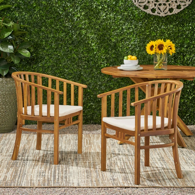Buy ๐ GDFStudio Nola Outdoor Wooden Dining Chairs With Cushions, Set Of 2, Cream, Teak Finish ๐งจ - Image 2