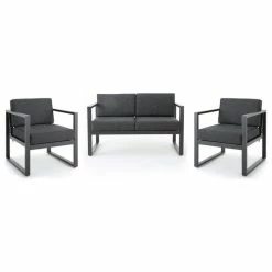 Coupon 😉 GDFStudio GDF Studio Navan Outdoor 4 Seater Aluminum Chat Set, Silver/Dark Gray Cushions ⭐