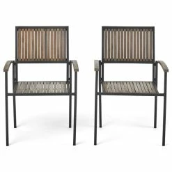 Cheap 👍 GDFStudio Owen Outdoor Wood And Iron Dining Chair, Set Of 2, Gray Finish, Black Finish 🛒