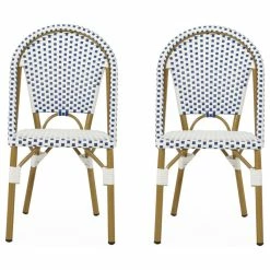 Coupon 👍 GDFStudio Baylor Outdoor French Bistro Chair, Set Of 2, Blue/White/Bamboo Print Finish ⭐