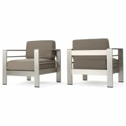 Best Pirce 😀 GDFStudio Crested Bay Outdoor Aluminum Club Chairs With Cushions, Silver + Khaki, Set Of 2 👍