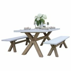 Best Pirce 👏 Outdoor Interiors 3-Piece Ivory Composite And Eucalyptus Wash Rectangle Dining Set With Benches 😀