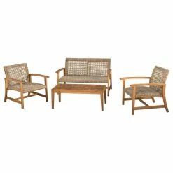 Brand new 🔥 GDFStudio Spring Spender Outdoor 4-Piece Wood, Wicker Chat Set, Natural Stained, Gray ⌛