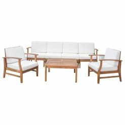 Best Sale 🌟 GDFStudio GDF Studio Scarlett Outdoor 6-Seat Teak Finished Acacia Wood Sofa And Table Set, 🔔