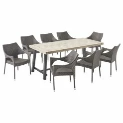 Deals 🛒 GDFStudio Sabrina Outdoor Wood And Wicker 8 Seater Dining Set, Light Gray, Black, Gray 😉