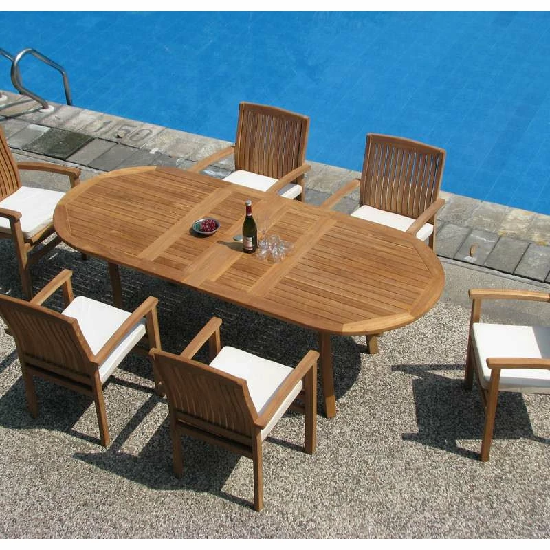 Brand new ⌛ Teak Deals 7-Piece Teak Dining Set 94" Oval Extension Table, 6 Wave Stacking Arm Chairs 😀 - Image 13