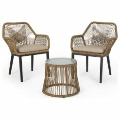 Coupon 🔔 GDFStudio Eloam Outdoor Wicker 2 Seater Chat Set, Light Brown And Beige 🎉