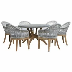 Cheap 🎉 Outdoor Interiors 7-Piece Nautical Teak, Rope And Composite Round Dining Set With Sunbrella 😍