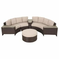 Promo ⌛ GDFStudio Mia Outdoor 4-Seater Wicker Curved Sectional Set With Wedge Tables, Beige, Round ✔️