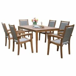 Discount 🤩 Outdoor Interiors 7-Piece Eucalyptus And Wicker Stacking Armchair Rectangle Dining Set 😉