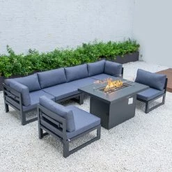Deals ⌛ LeisureMod Chelsea Outdoor 7-Piece Aluminum Conversation Set With Fire Pit Table, Blue 👍