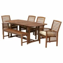 Outlet 🎁 Walker Edison 6-Piece Acacia Wood Outdoor Patio Dining Set With Cushions - Dark Brown 🤩