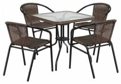 Best deal 🧨 Flash Furniture TLH-073SQ-037BK4-GG Table And 4 Stack Chair Set, Brown 🎁
